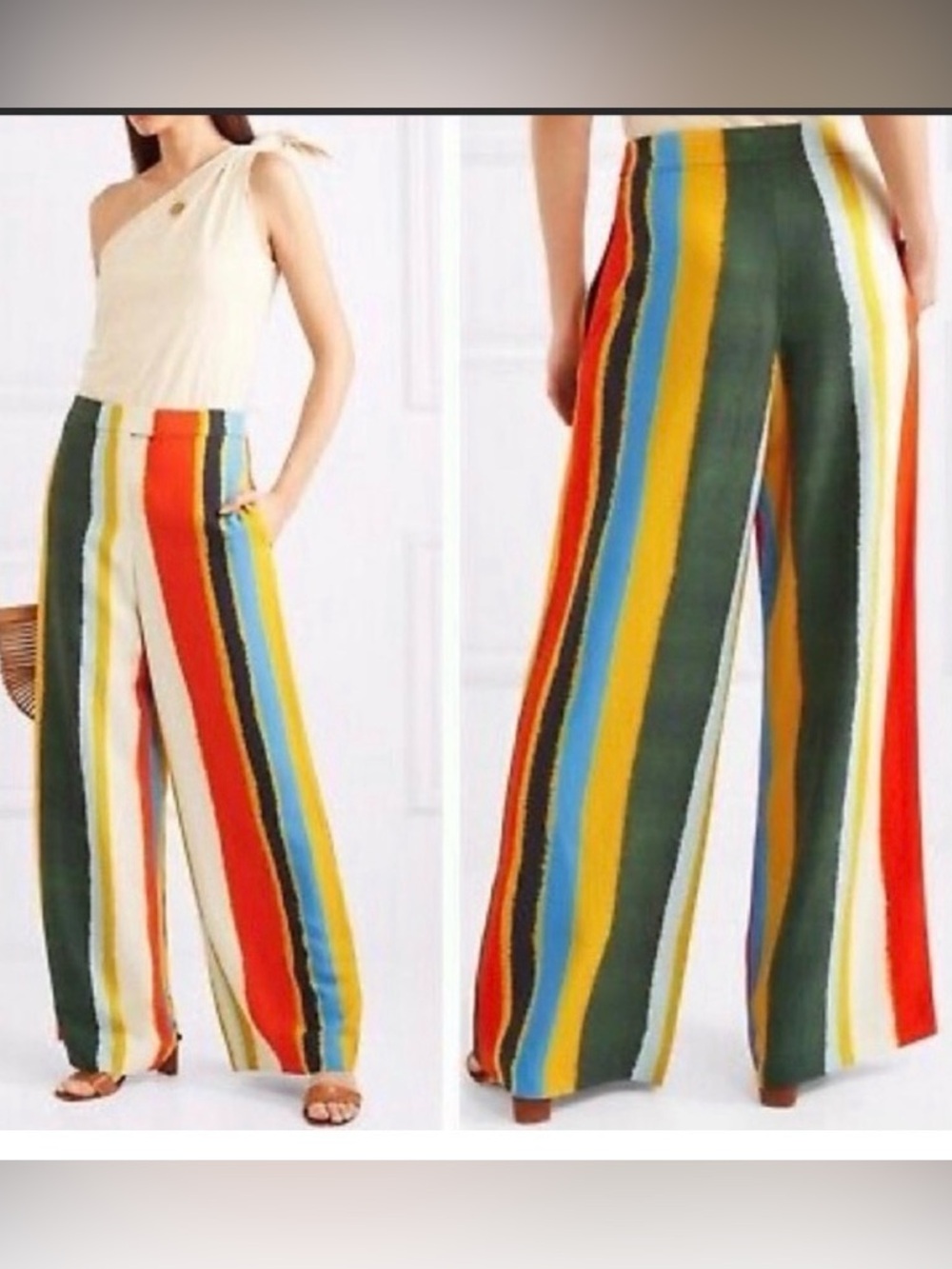 TORY BURCH FIONA STRIPED WIDE LEG PANTS Multicolor Flared High rise Size 6 women